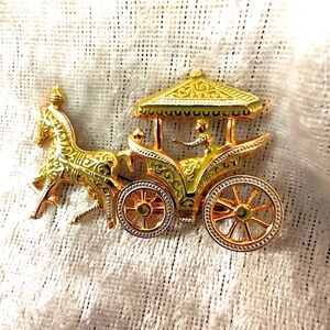 Vintage Damascene "Spain" Gold and Green Carriage Brooch- Wheels Move!